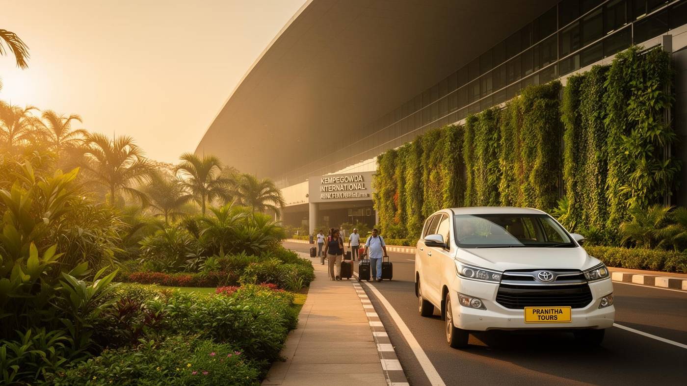 White Innova Crysta with Pranitha Tours yellow plate arriving at Kempegowda International Airport Terminal 2 at golden hour